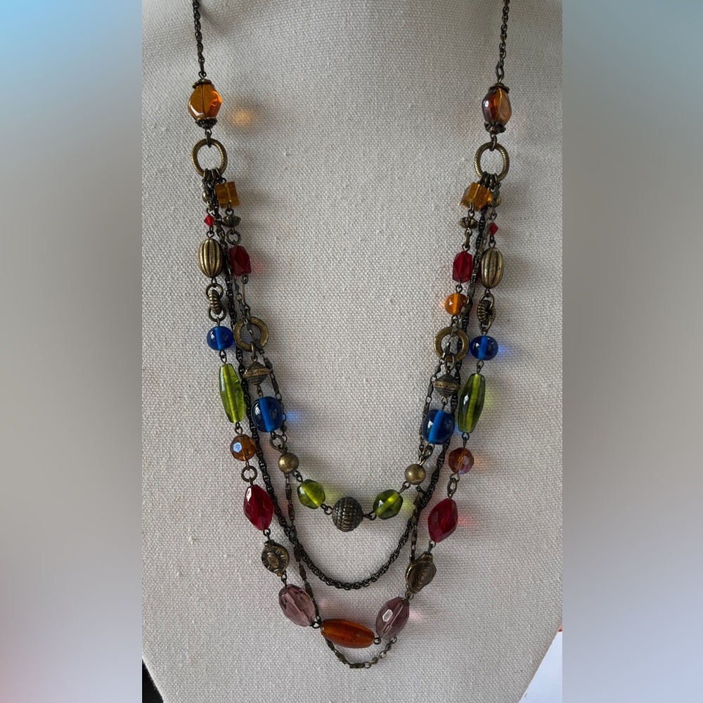 Lia Sophia Bronze with multi color glass beads long necklace